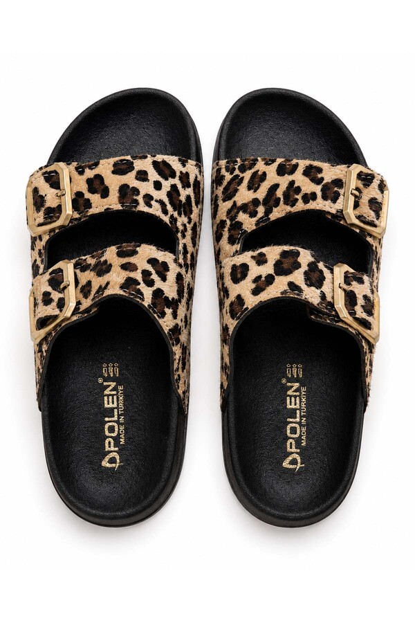 Gold Toka Detay Leopar Kadın Terlik 1007-Z007 Camel - Thumbnail