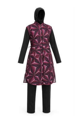 Haliç Mayo - Gövdesi Paraşüt Kumaş Desenli Tam Kapalı Tesettür Mayo 1520 Bordo-Siyah (1)