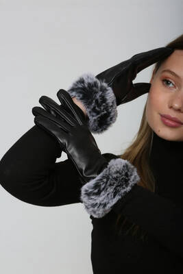 Remsa - Gray Plush Detail Women's Leather Gloves ELD-19 - Black (1)