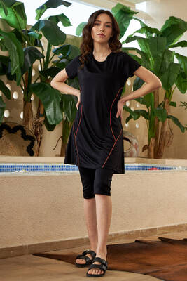 Remsa - Remsa Swimwear Semi Covered Swimsuit Short Sleeve Orange Striped R015 Black (1)