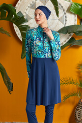 Rozamay - Half-Zip Full Coverage Modest Swimsuit 3124 Navy Blue