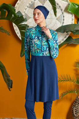 Rozamay - Half-Zip Full Coverage Modest Swimsuit 3124 Navy Blue Rozamay - Half-Zip Full Coverage Modest Swimsuit 3124 Navy Blue