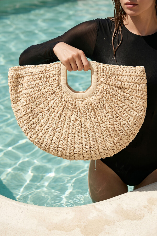 Hand-Knitted Beige Straw Tote Bag 1052 - Thumbnail