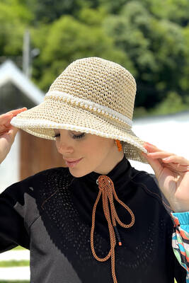Remsa - Hand Knitted Straw Hat with Pearls RŞ-103 Beige