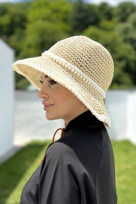 Remsa - Hand Knitted Straw Hat with Pearls RŞ-103 Beige (1)