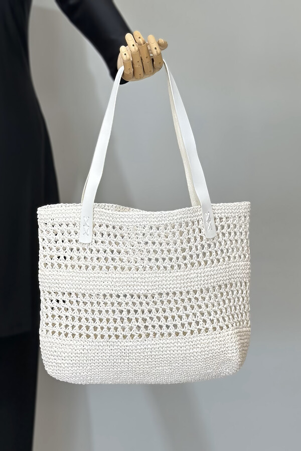 Hand-Woven Rattan Beach Tote Bag Ecru - Thumbnail