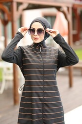 Haşema - Haşema Nehar Copper Striped Tube Leg Black Hijab Swimsuit