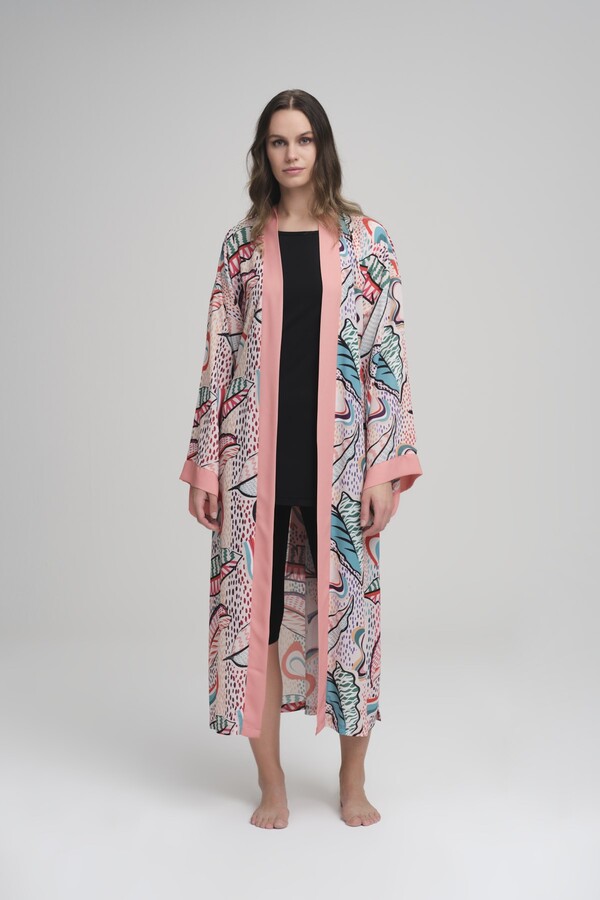 Haşema Renkli Yaprak Desenli Pudra Uzun Kimono