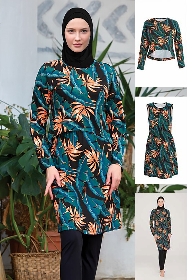 Hijab Swimsuit 2 way wearable Elenora 1 8008 Black Remsa Swimsuit - Thumbnail