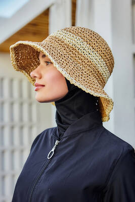 Remsa Mayo - İki Renk Şerit El Örgüsü Hasır Şapka Plaj Şapkası RŞ-102 Camel Bej 2099