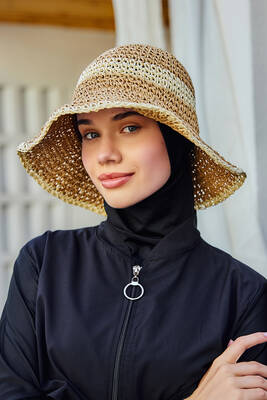 Remsa Mayo - İki Renk Şerit El Örgüsü Hasır Şapka Plaj Şapkası RŞ-102 Camel Bej 2099 (1)