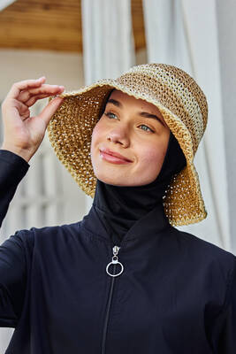 İki Renk Şerit El Örgüsü Hasır Şapka Plaj Şapkası RŞ-102 Camel Bej 2099 · 3