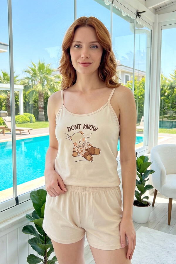 Kadın Askılı Şortlu Milan Kumaş Pijama Takımı 50124-4097 Krem01 - Thumbnail