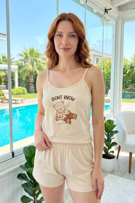 Remsa - Kadın Askılı Şortlu Milan Kumaş Pijama Takımı 50124-4097 Krem01