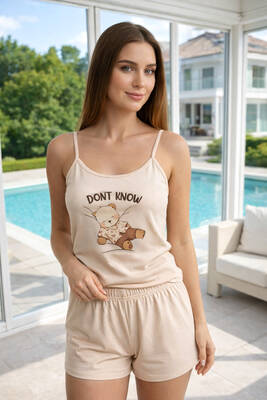 Remsa - Kadın Askılı Şortlu Milan Kumaş Pijama Takımı 50124-4097 Krem01 (1)