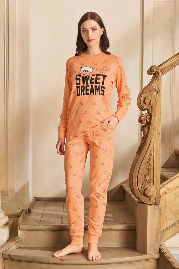 Kadın Aydoğan Ribana Detay Pamuklu Pijama Takımı 240599 Somon - Thumbnail