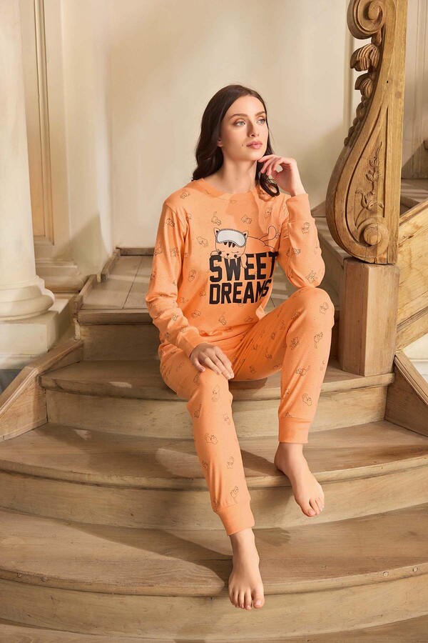 Kadın Aydoğan Ribana Detay Pamuklu Pijama Takımı 240599 Somon - Thumbnail