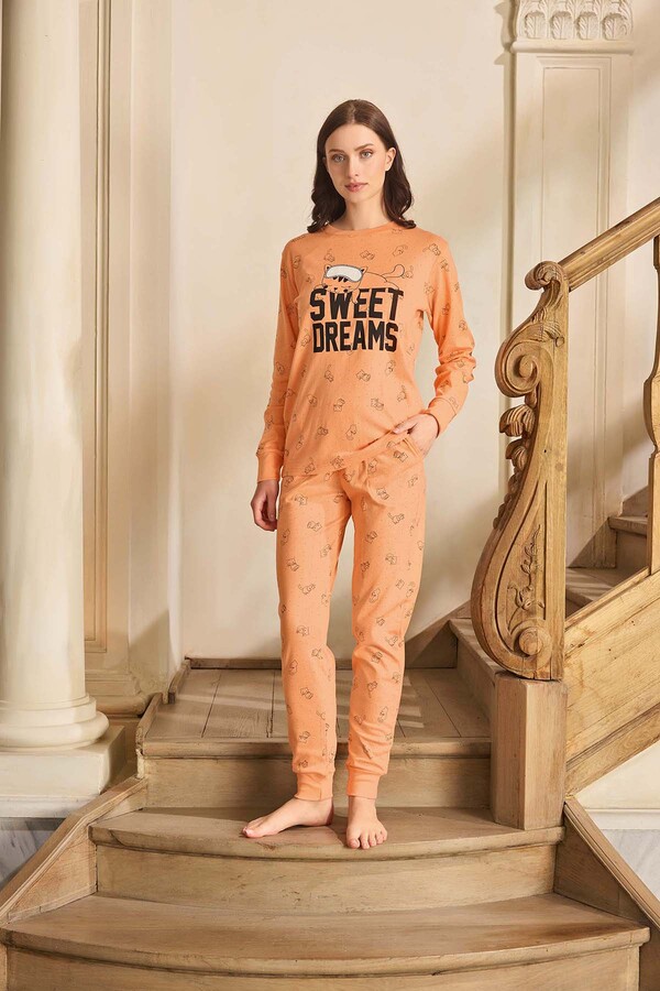 Kadın Aydoğan Ribana Detay Pamuklu Pijama Takımı 240599 Somon - Thumbnail