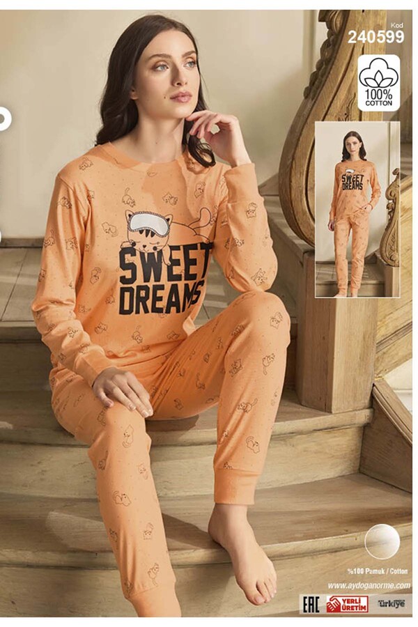Kadın Aydoğan Ribana Detay Pamuklu Pijama Takımı 240599 Somon - Thumbnail
