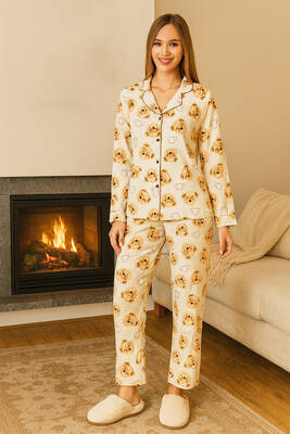 Remsa - Kadın Ayıcık Desen Karla Önü Düğmeli Pijama Takımı 0493 Bej