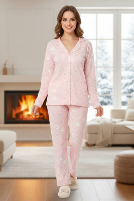 Remsa - Kadın Ayıcık Desen Önü Düğmeli Suprem Pijama Takımı 0540 Pembe10