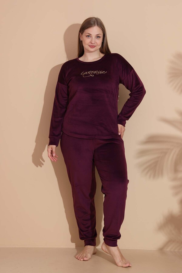 Kadın Battal Kadife Baskılı 2'li Takım 25394 Bordo01 - Thumbnail