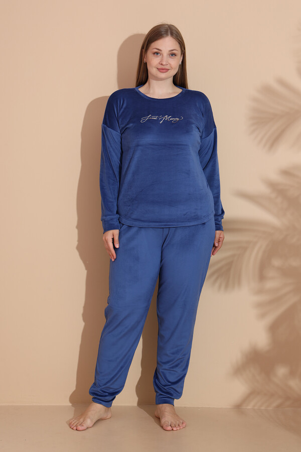 Kadın Battal Kadife Baskılı Pijama Takım 25394 İndigo - Thumbnail