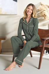 Remsa - Kadın Biye Detaylı Penye Uzun Kol Pijama Takımı 3103 Yeşil