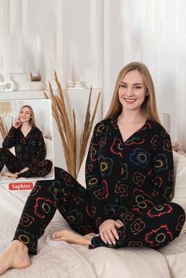 Remsa - Kadın Çiçek Desen Düğmeli Saphire Pijama Takımı 0474 Siyah01
