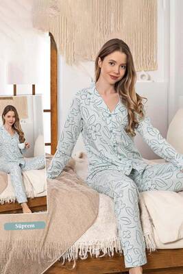 Remsa - Kadın Çiçek Desen Düğmeli Suprem Pijama Takımı 0391 Mint (1)