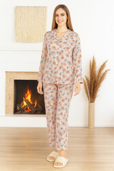 Remsa - Kadın Çiçek Desen Önü Düğmeli Saphire Pijama Takımı 0504 Pudra