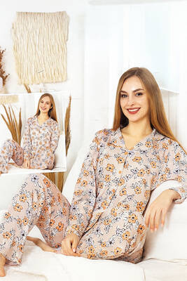 Remsa - Kadın Çiçek Desen Önü Düğmeli Saphire Pijama Takımı 0504 Pudra (1)