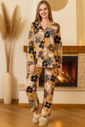 Remsa - Kadın Çiçek Desen Saphire Önü Düğmeli Pijama Takımı 0507 Vizon