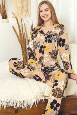 Remsa - Kadın Çiçek Desen Saphire Önü Düğmeli Pijama Takımı 0507 Vizon (1)