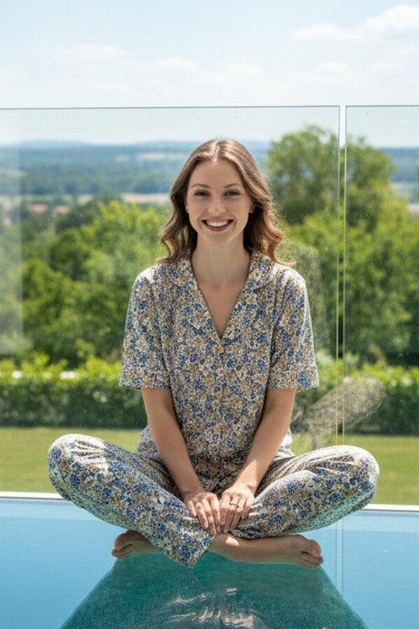 Kadın Çiçek Desenli Kısa Kol Suprem Pijama Takımı 0241 Ekru01 - Thumbnail