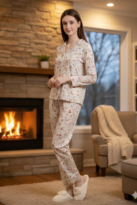 Remsa - Kadın Çiçek Desenli Önü Düğmeli Yumuşak Milan Kumaş Pijama Takımı 250347-6 Krem (1)
