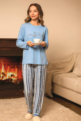 Remsa - Kadın Çizgili Desen Suprem Pijama Takımı 0328 Mavi04 (1)