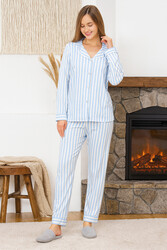 Remsa - Kadın Çizgili Desen Suprem Pijama Takımı 0492 Mavi01