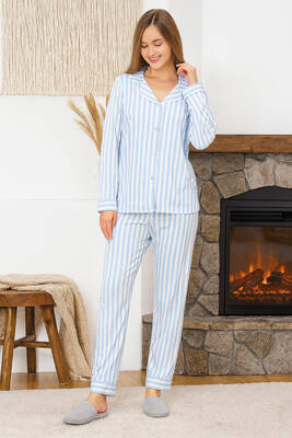 Remsa - Kadın Çizgili Desen Suprem Pijama Takımı 0492 Mavi01