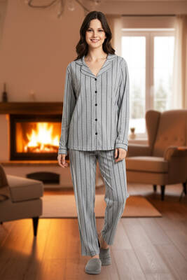 Remsa - Kadın Çizgili Önü Düğmeli Suprem Pijama Takımı 0542 Füme01 (1)