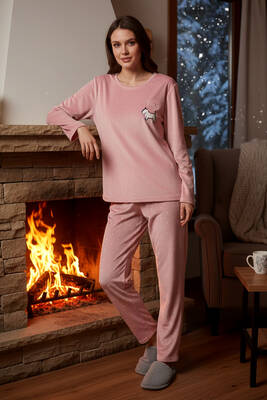 Remsa - Kadın Desenli Kadife Kumaş Pijama Takımı 13313-2074 Pudra (1)