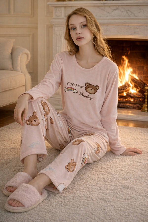 Kadın Desenli Kadife Kumaş Pijama Takımı 13313-2253-Somon - Thumbnail