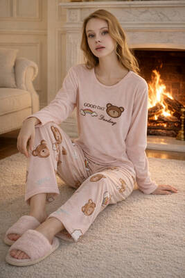 Remsa - Kadın Desenli Kadife Kumaş Pijama Takımı 13313-2253-Somon (1)