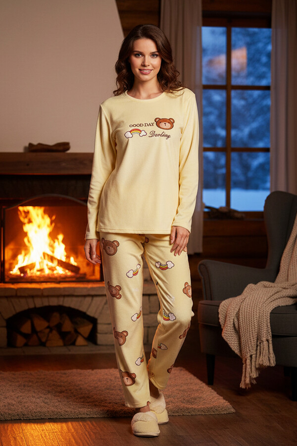 Kadın Desenli Kadife Kumaş Pijama Takımı 13313-2254 Sarı01 - Thumbnail