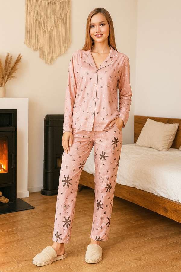 Kadın Desenli Karla Önü Düğmeli Pijama Takımı 0480 Pudra - Thumbnail