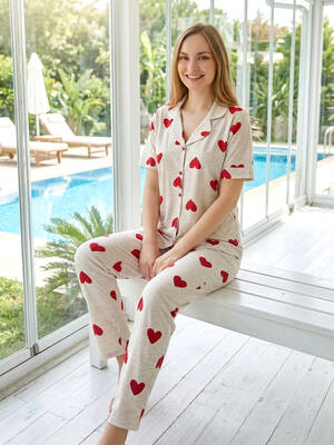 Remsa - Kadın Desenli Kısa Kol Suprem Pijama Takımı 0582 Bej03 (1)