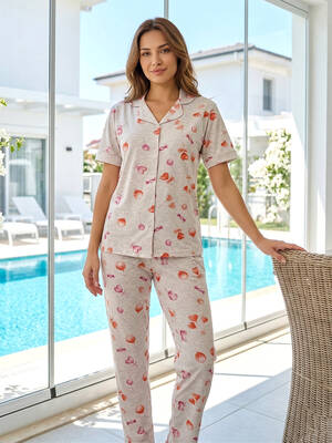 Remsa - Kadın Desenli Kısa Kol Suprem Pijama Takımı 0586 Bej04 (1)