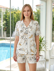 Remsa - Kadın Desenli Kısa Kol Suprem Şortlu Pijama Takımı 0577 Ekru03