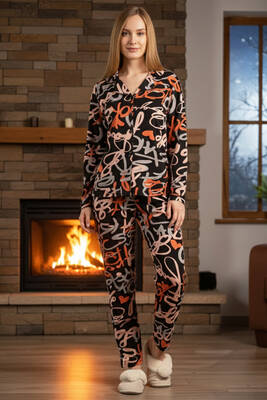 Remsa - Kadın Desenli Önü Düğmeli Saphire Pijama Takımı 0543 Siyah11