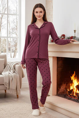 Remsa - Kadın Desenli Önü Düğmeli Yumuşak Milan Kumaş Pijama Takımı 250364 Mürdüm01 (1)
